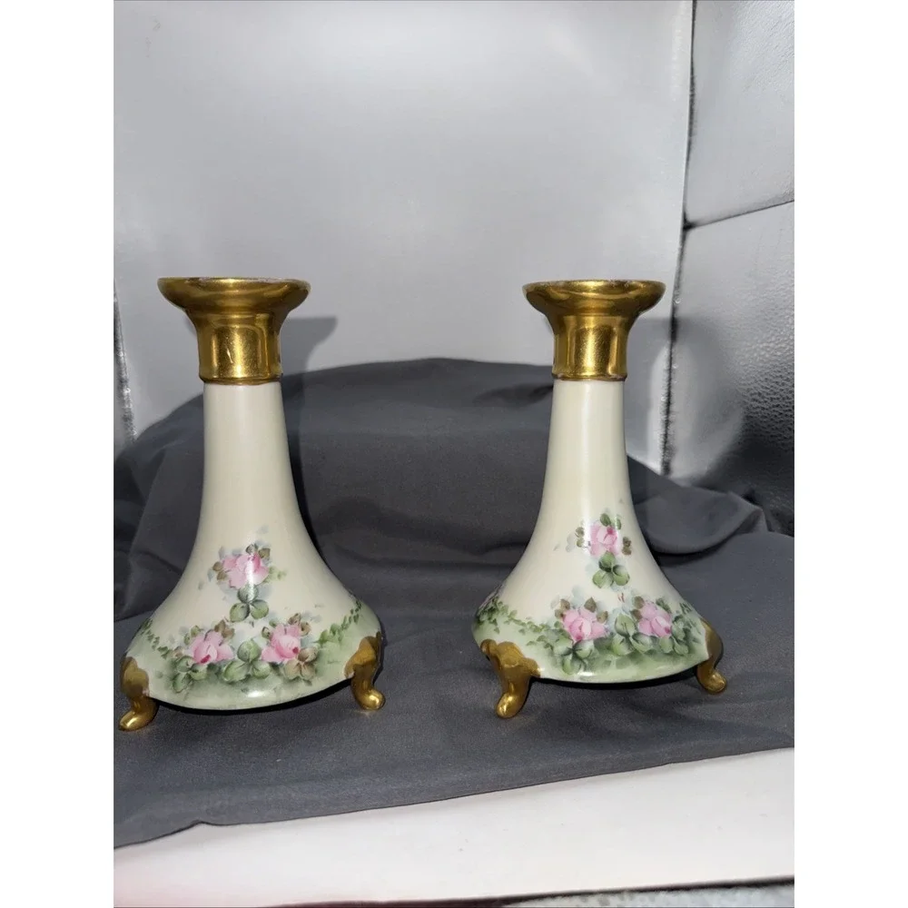 Limoges France Hand Painted Porcelain Candlesticks Gold Gilt Floral VTG Signed